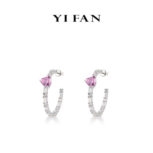 Pink diamond color collection: Modern "Pink Love Hearts" detailed hoop earrings (Big size)