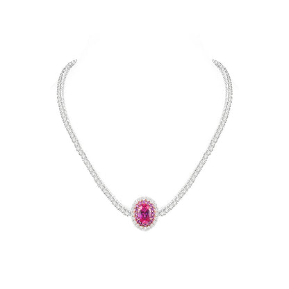 Micro-setting dark oval Pink diamond color Lab created stones Romantic Luxury Tennis chain collar necklace, sterling silver