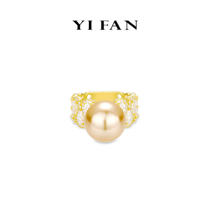 Limited Golden time collection: Modern "Legendary Golden Luminous Pearl" detailed wide-band Ring