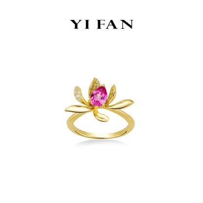Jedi spinel color collection: Modern "Golden Rose-red Pistil Water Lily" detailed artistic Ring