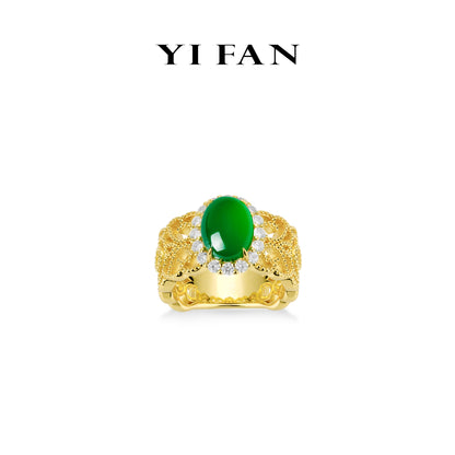 Green jade collection: Modern "Golden Green Luminous Pearl" exquisite Wide band Lace Ring