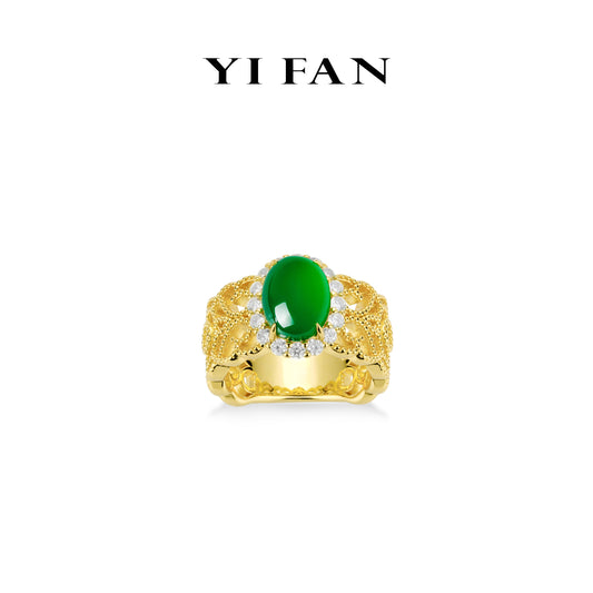 Green jade collection: Modern "Golden Green Luminous Pearl" exquisite Wide band Lace Ring