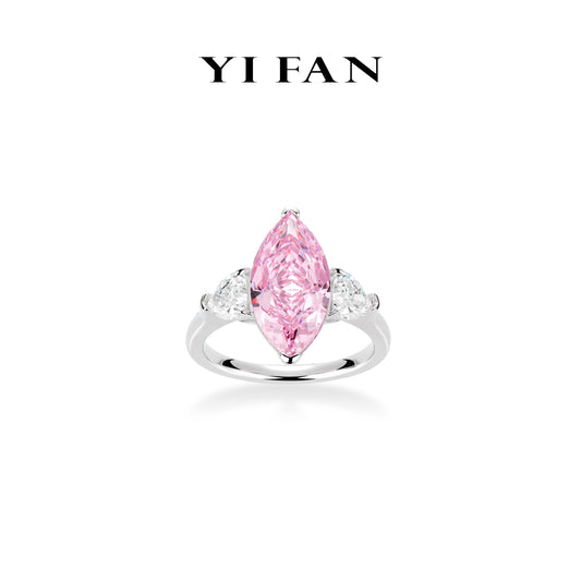 Limited Pink Diamond color collection: Modern "Sakura Pink Marquise Lovers" detailed 3-stones Ring