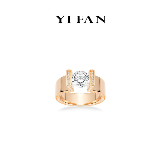 High Jewelry Collection: Modern "Champagne Golden H Suspension style - Bright Eye of Dimensions" CNC Solitaire Ring