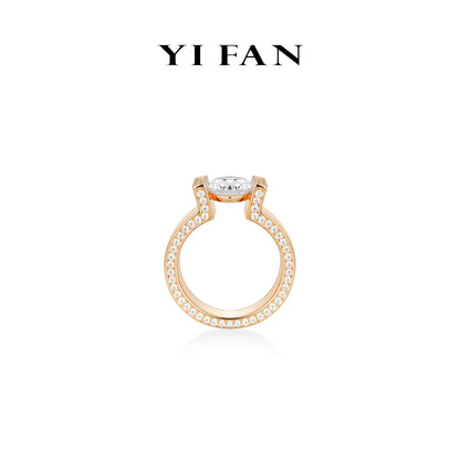 High Jewelry Collection: Modern "Champagne Golden H Suspension style - Bright Eye of Dimensions" CNC Solitaire Ring