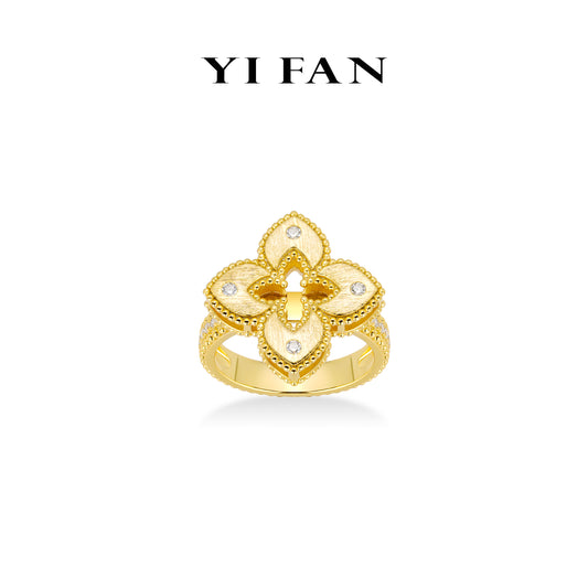 Golden time collection: Modern Brushed "Hollowed out Lucky Clover" Unique Ring