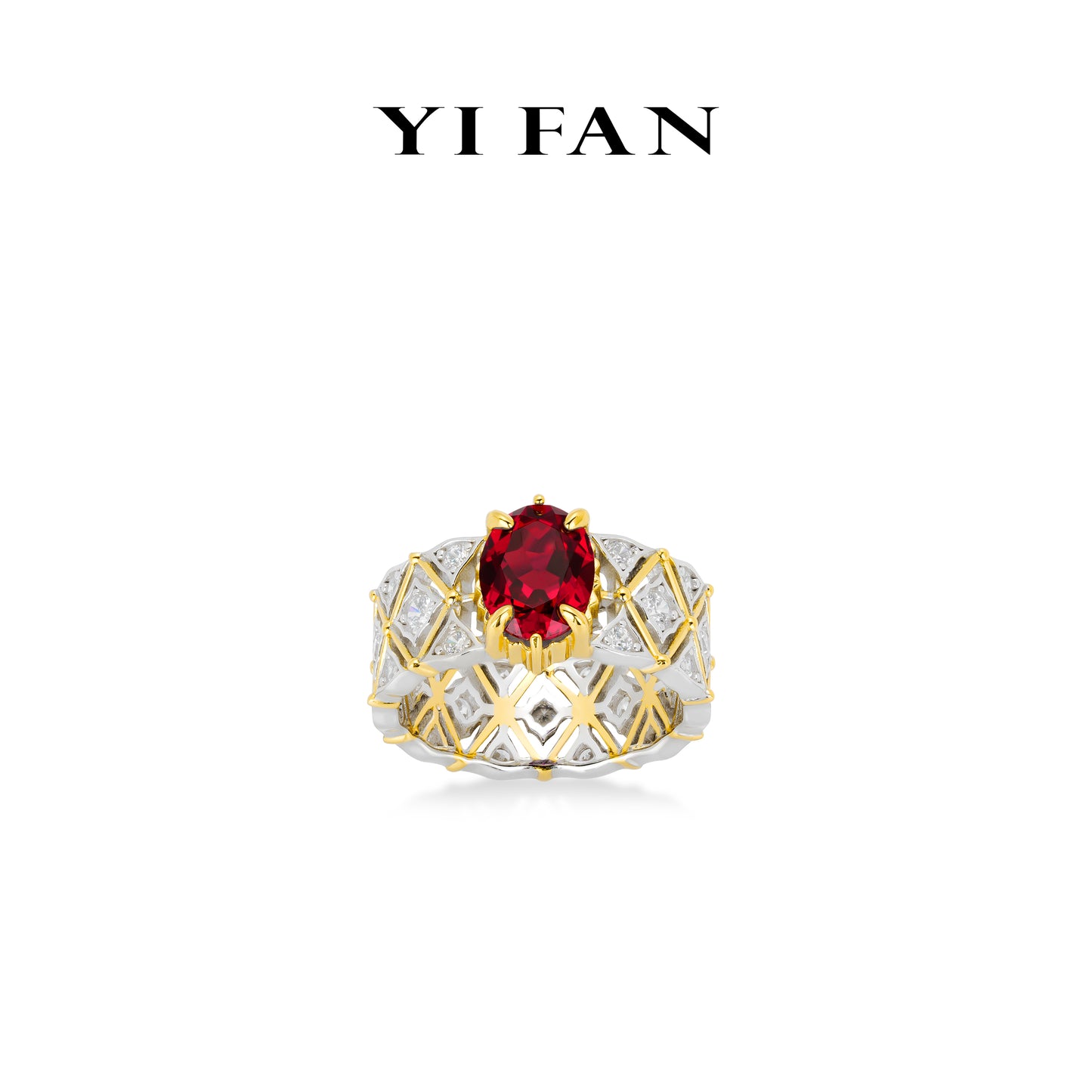 Ruby Color collection: Modern "Ancora Red Pigeon-Egg Golden Lace" detailed Wide band Ring