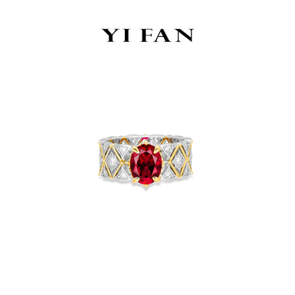 Ruby Color collection: Modern "Ancora Red Pigeon-Egg Golden Lace" detailed Wide band Ring