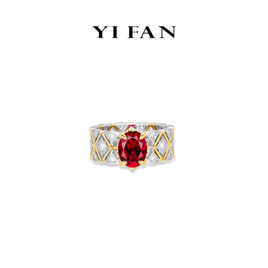 Ruby Color collection: Modern "Ancora Red Pigeon-Egg Golden Lace" detailed Wide band Ring