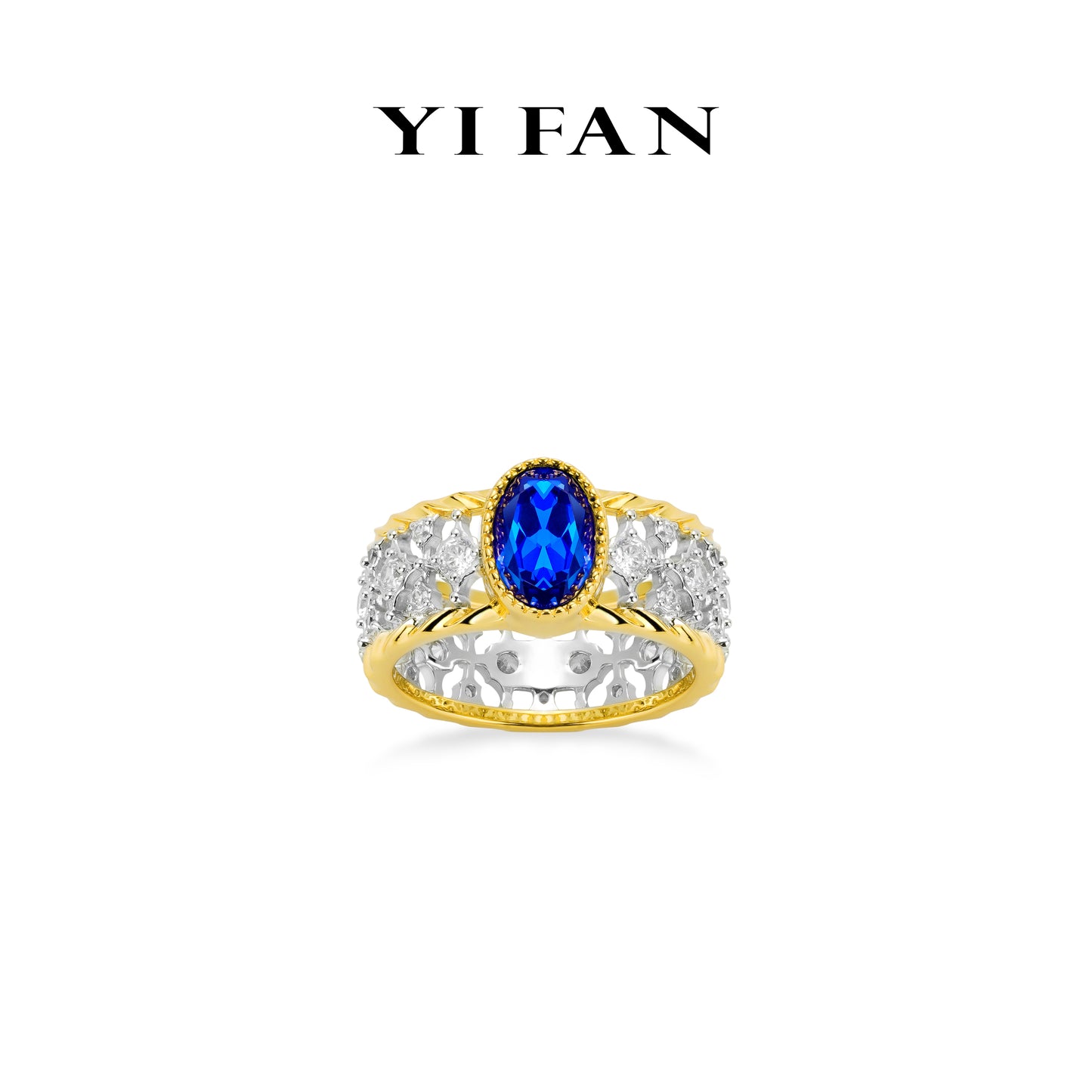 Sapphire color collection: Golden edge "Vibrant Blue Starry Sea" Wide band Lace Ring