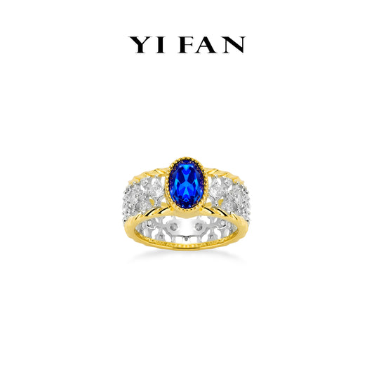 Sapphire color collection: Golden edge "Vibrant Blue Starry Sea" Wide band Lace Ring