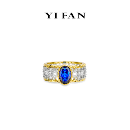 Sapphire color collection: Golden edge "Vibrant Blue Starry Sea" Wide band Lace Ring