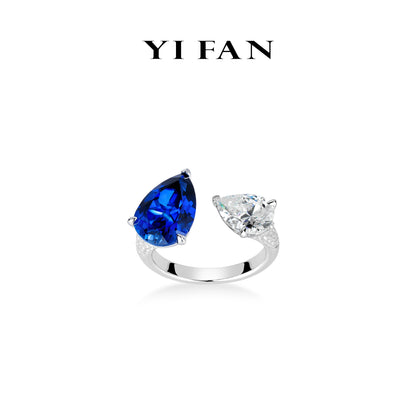 Sapphire color collection: Modern "Azure Dual Teardrops Sparkle" exquisite open Ring