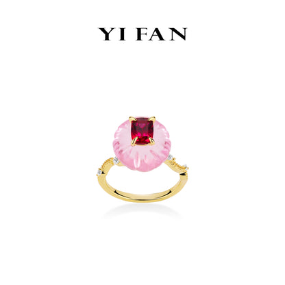 Ruby color collection: Modern "Pink Pumpkin & Red Cube" unique Golden Ring