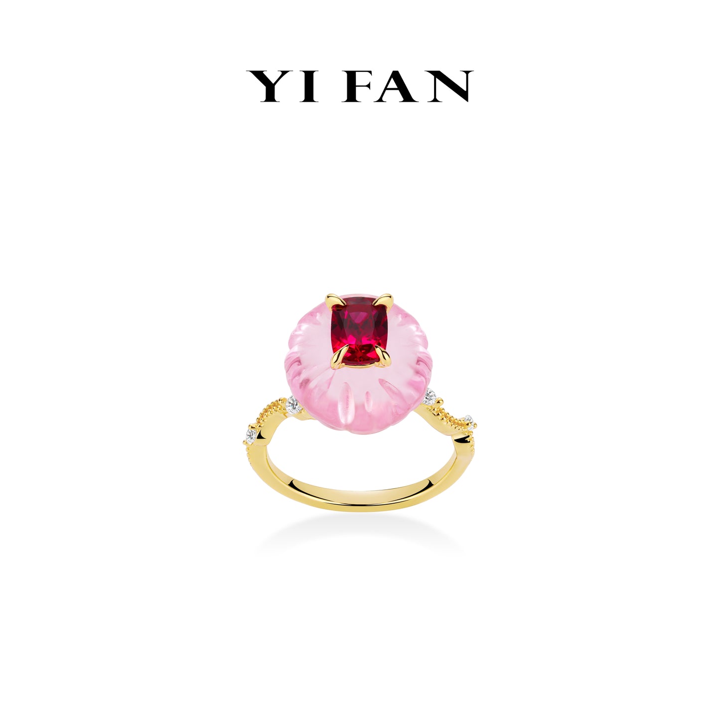 Ruby color collection: Modern "Pink Pumpkin & Red Cube" unique Golden Ring