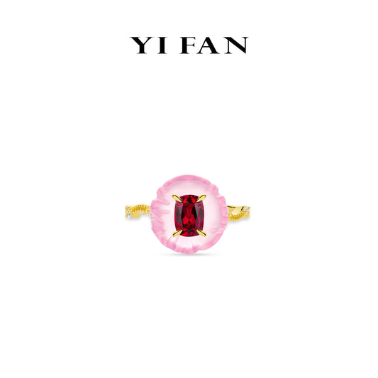 Ruby color collection: Modern "Pink Pumpkin & Red Cube" unique Golden Ring