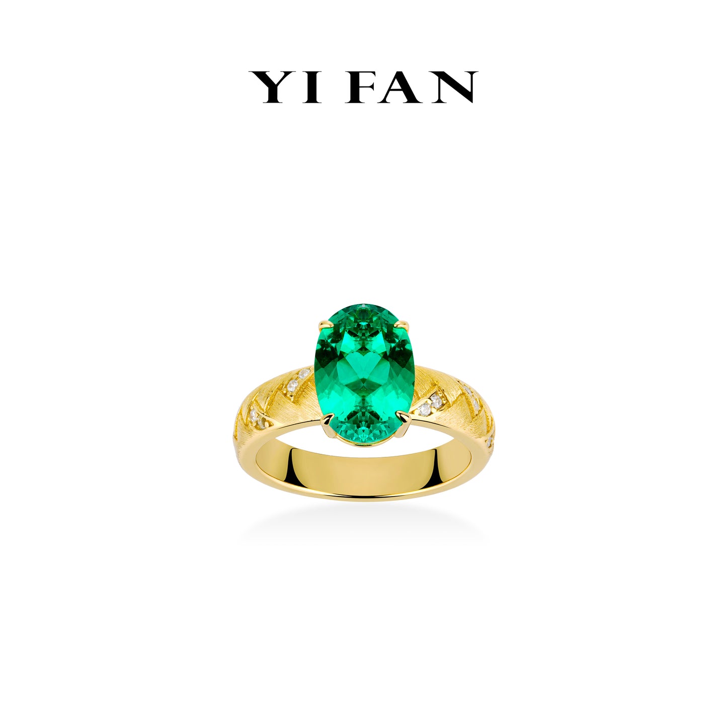 Lab Grown Emerald collection: Modern "Pigeon-egg Golden Weaving braided hair" detailed Angle Satin Ring (Unisex)