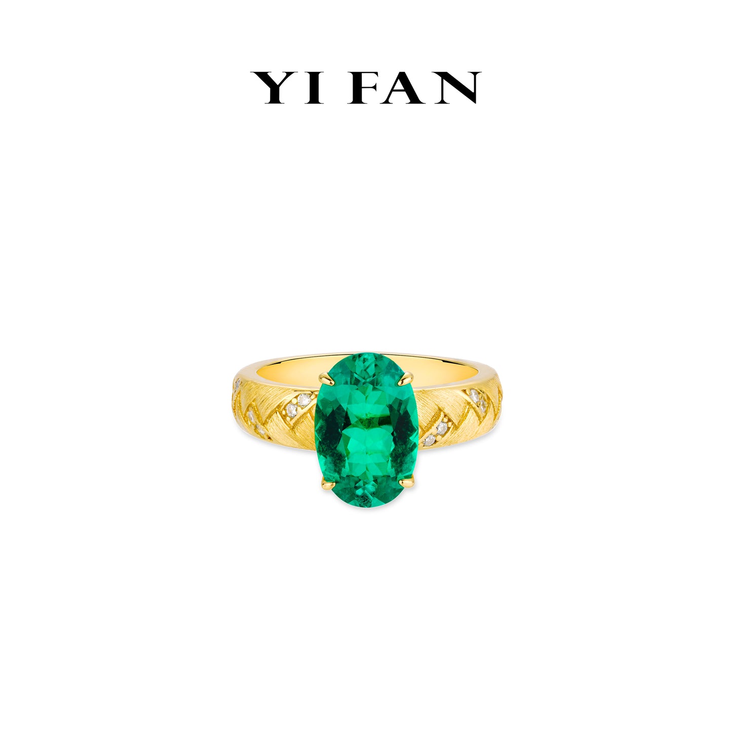 Lab Grown Emerald collection: Modern "Pigeon-egg Golden Weaving braided hair" detailed Angle Satin Ring (Unisex)