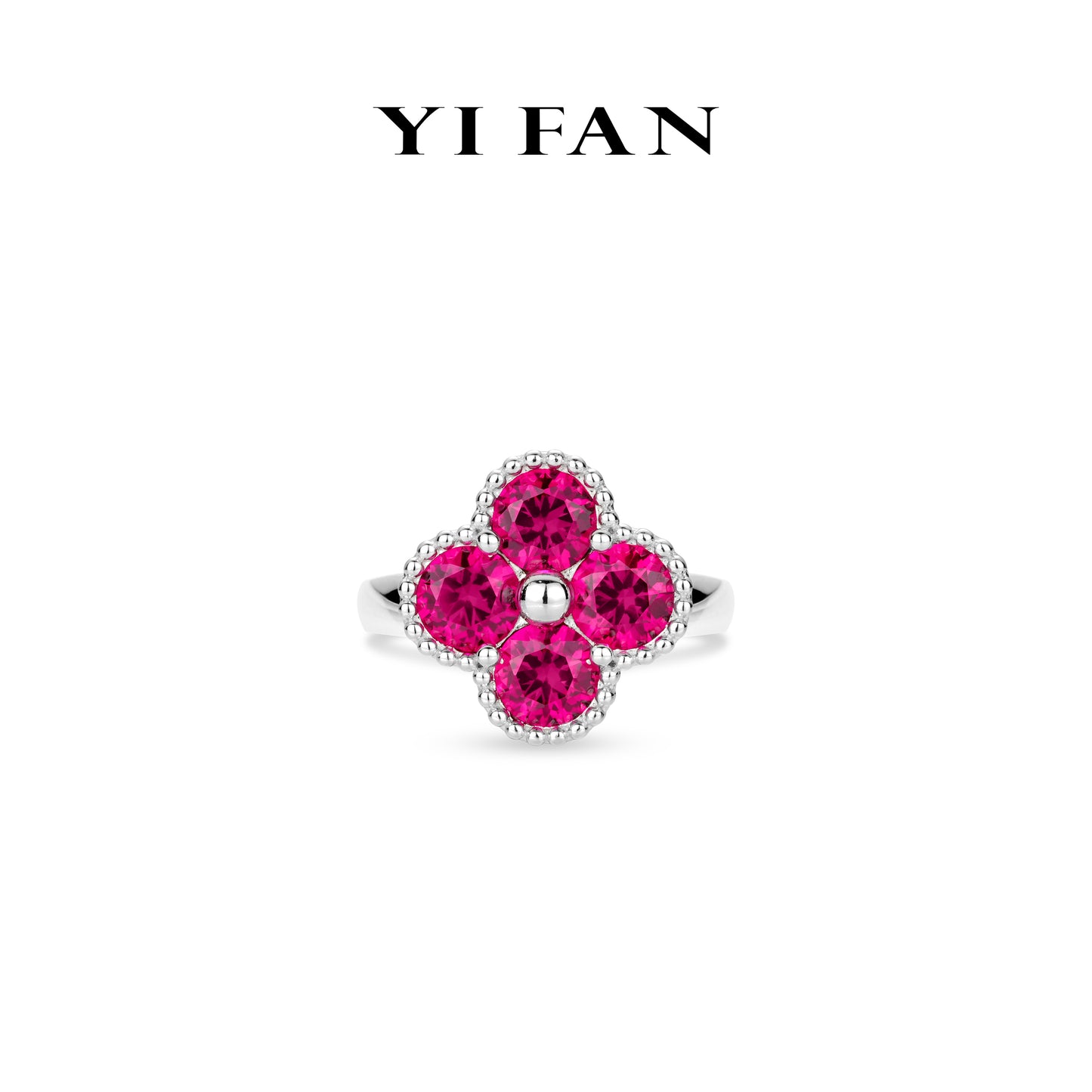 Ruby color collection: Modern Rose-Red "Lucky 4-petaled Flower" detailed Ring