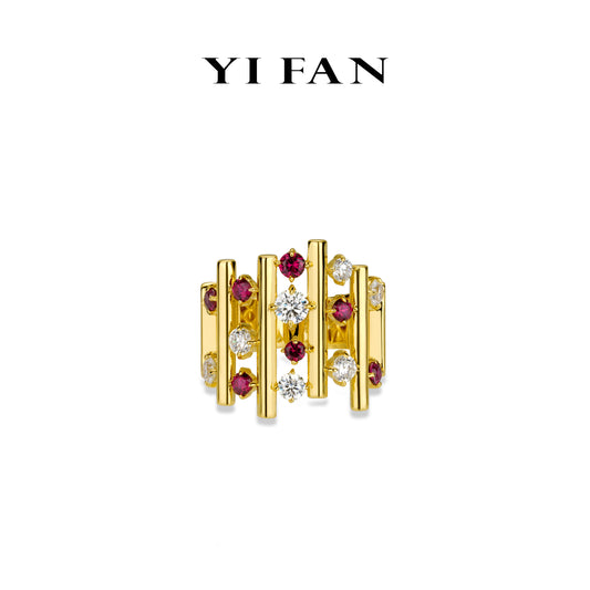 Ruby color collection: Modern Irregular "Organ" unique Wide Golden Ring