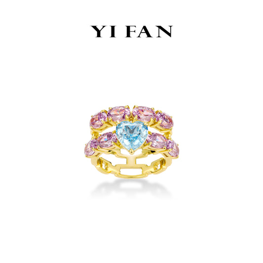 Paraíba-Pink diamond Color collection: Modern "Hollowed double-layer Heart" Golden wide band Ring