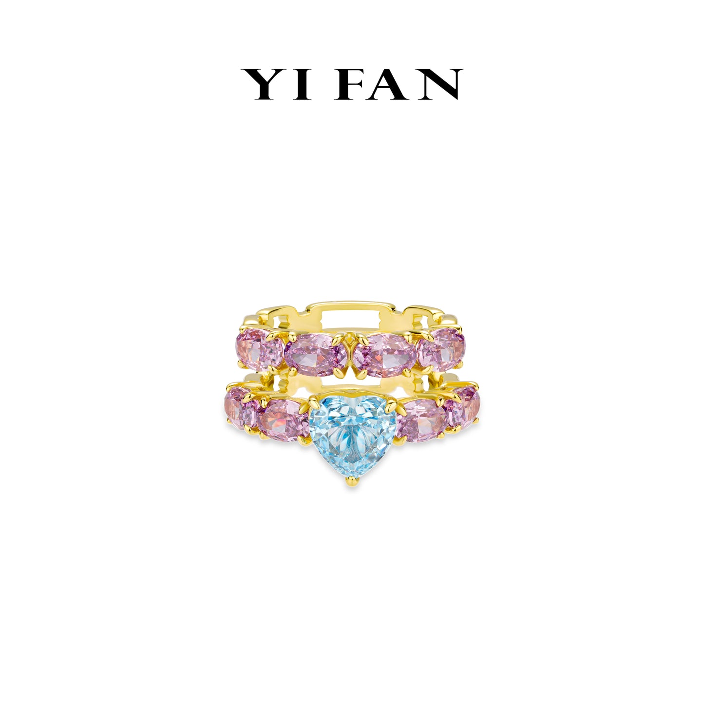 Paraíba-Pink diamond Color collection: Modern "Hollowed double-layer Heart" Golden wide band Ring