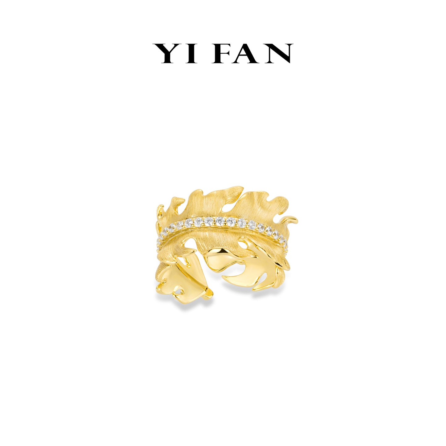 Golden time collection: Modern "Brushed Dazzling Feather" Wide band Open Ring