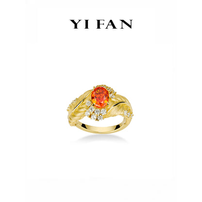 Padparadscha color collection: Modern Brushed "Golden Sunset Weaving Palm" exquisite Ring