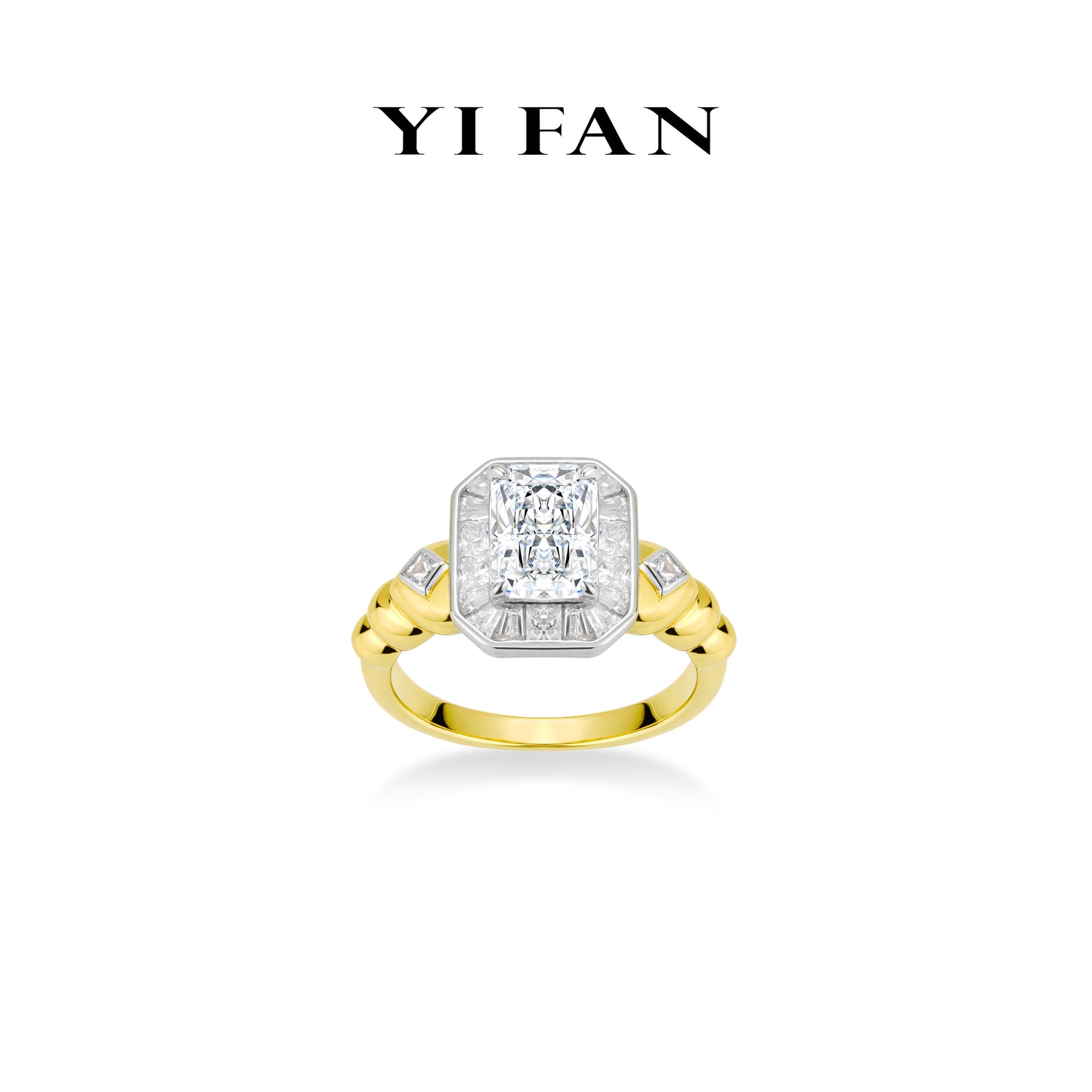 Limited Emerald-cut collection: Modern "Golden Light-Year" detailed golden-arm Ring