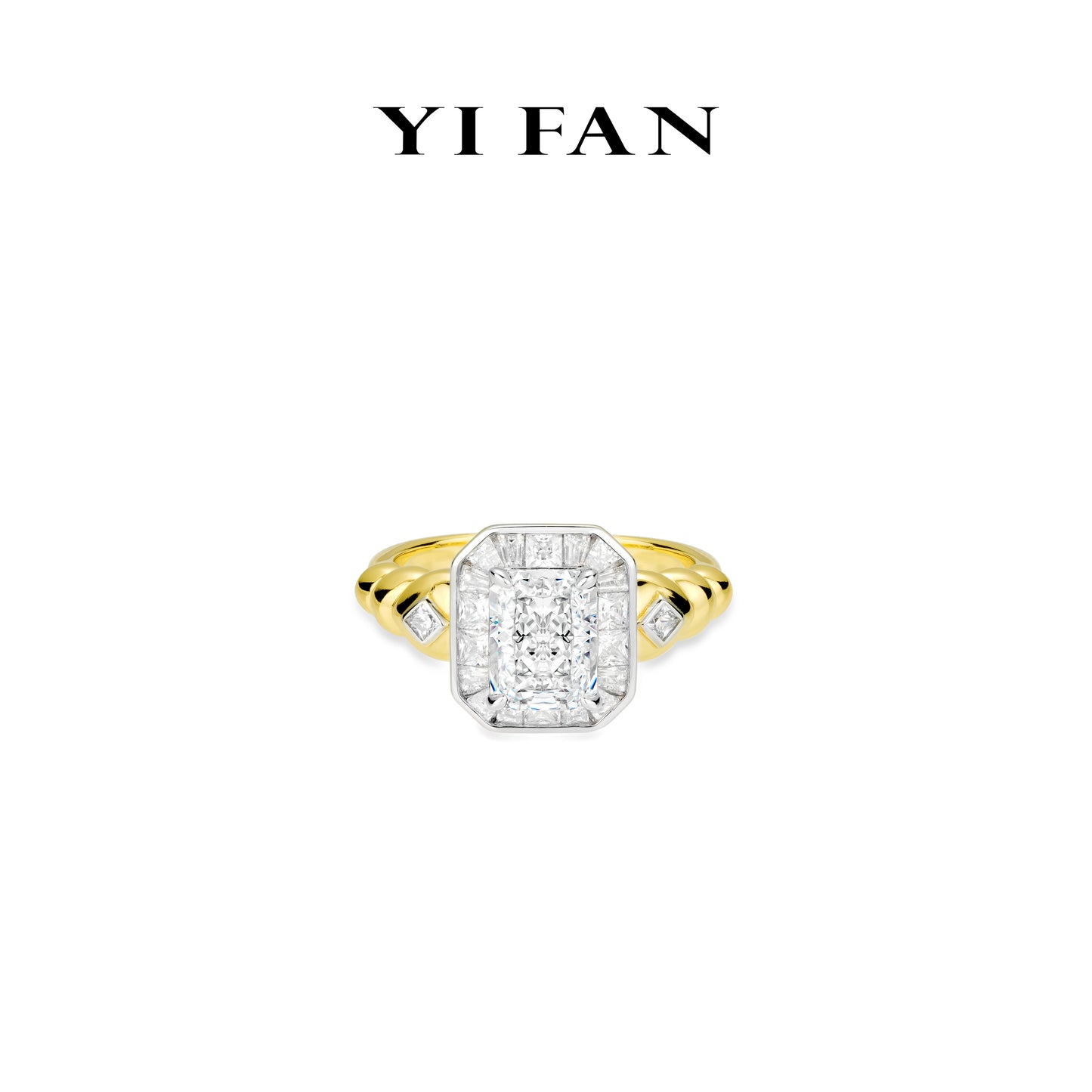 Limited Emerald-cut collection: Modern "Golden Light-Year" detailed golden-arm Ring