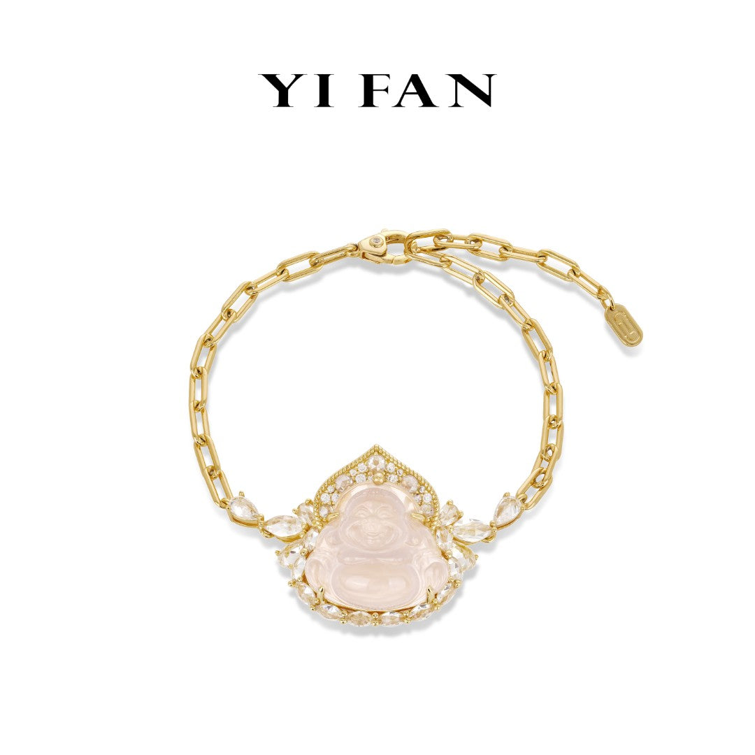 Pre-order High Jewelry Collection: Golden Light Pink Icy Jade Maitreya the "Laughing Buddha," detailed Bracelet