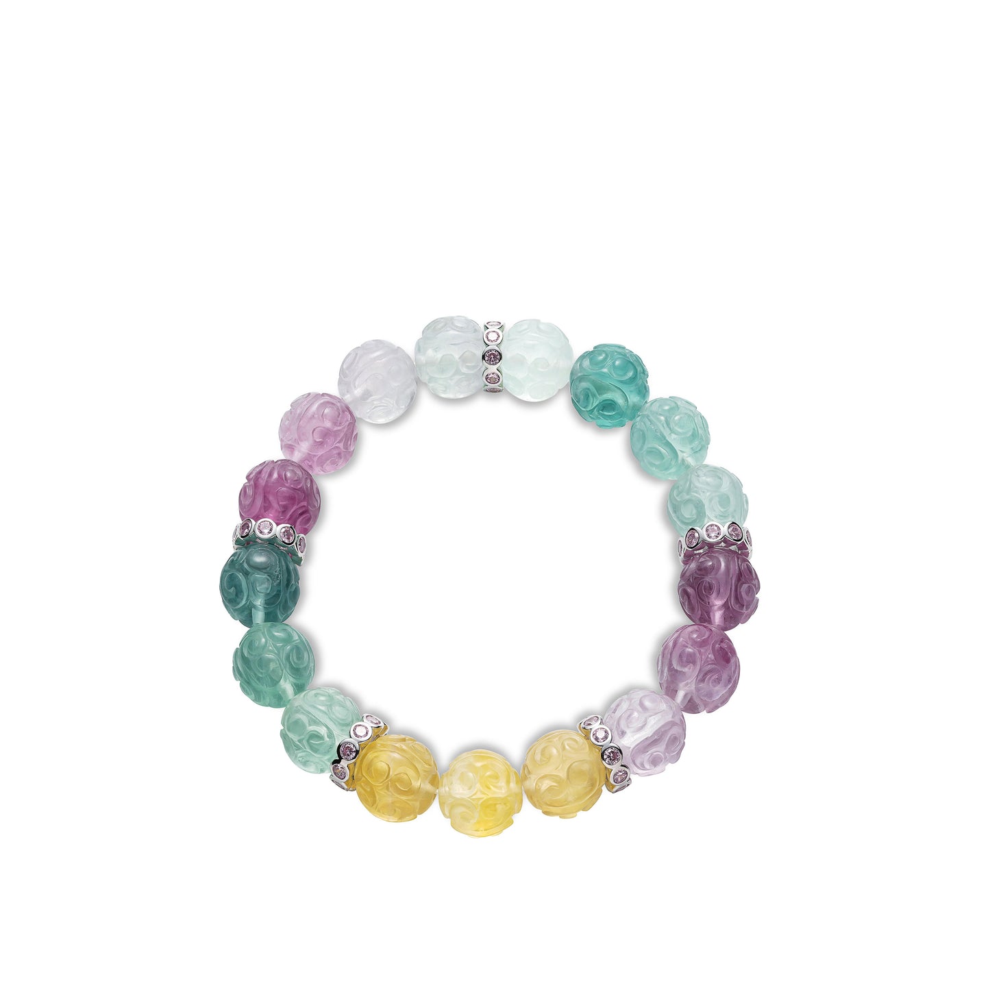 Pre-order Promotion design: Colourful Fluorite Carved Beaded Elastic Bracelet in Rainbow Color