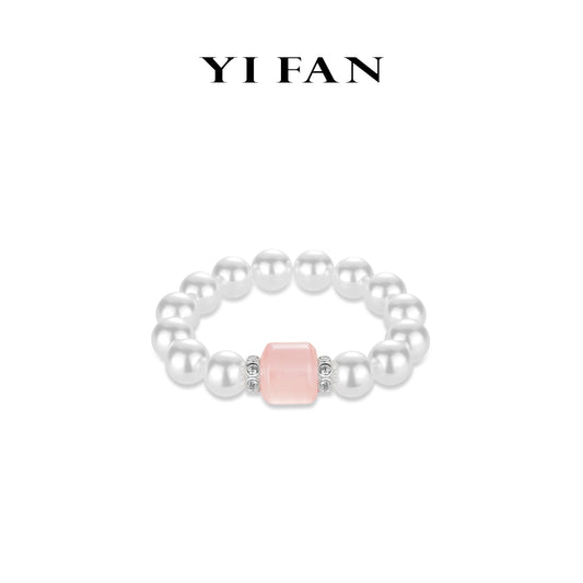 Limited edition: High-Quality Malagasy Rose Quartz Big Cube & White Shell pearls Elastic Bracelet in Peach Fuzz Color