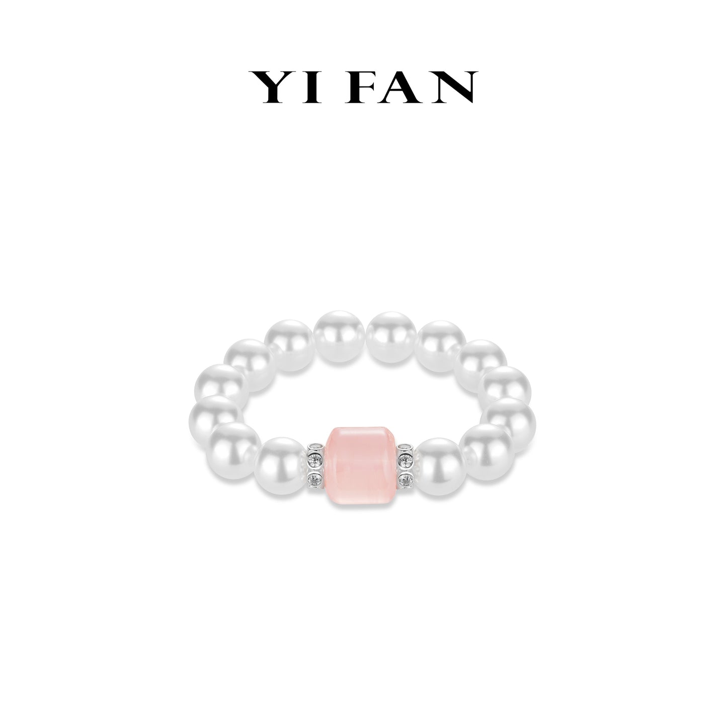 Limited edition: High-Quality Malagasy Rose Quartz Big Cube & White Shell pearls Elastic Bracelet in Peach Fuzz Color