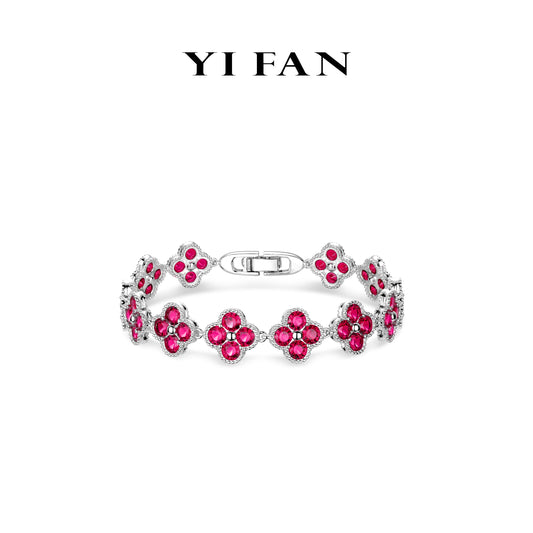 Ruby color collection: Modern Rose-Red "Lucky 4-petaled Flowers" detailed Tennis Bracelet