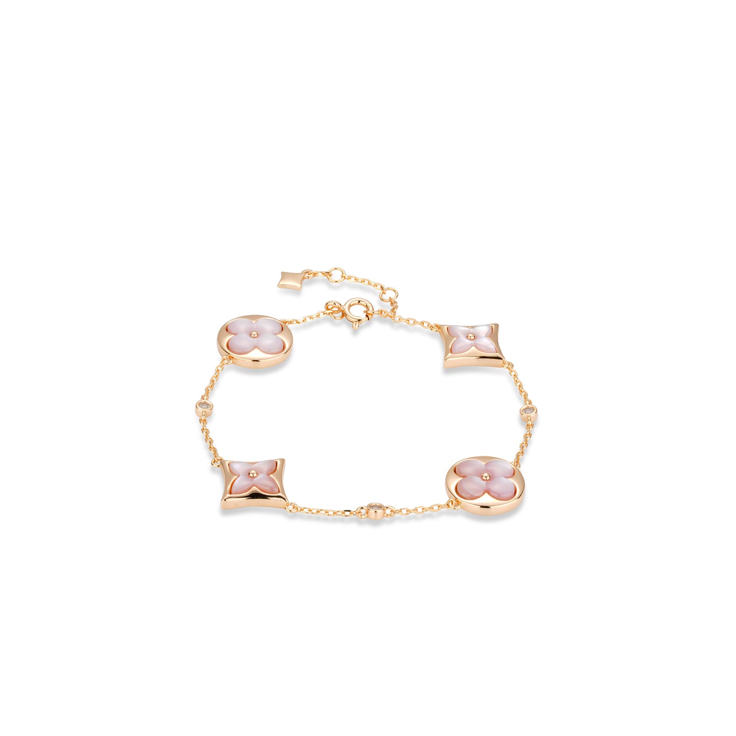 Rose-gold Fever collection: Modern Hand-carved "Lucky Clovers with Pink Mother-of-Pearl" detailed Bracelet (Adjustable Length)