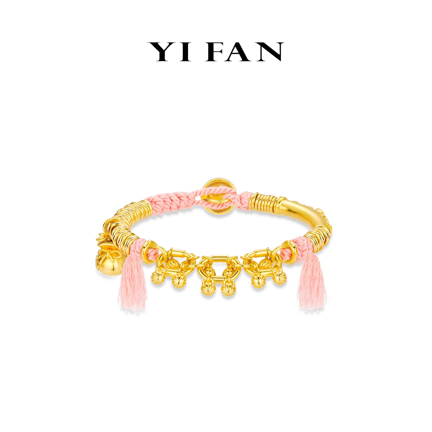 Limited High Jewelry collection: Luxury Carved "Fruitful Golden Treasures" unique Bracelet with Hand-woven Cherry-blossom-Pink Rope