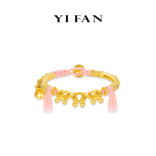Limited High Jewelry collection: Luxury Carved "Fruitful Golden Treasures" unique Bracelet with Hand-woven Cherry-blossom-Pink Rope