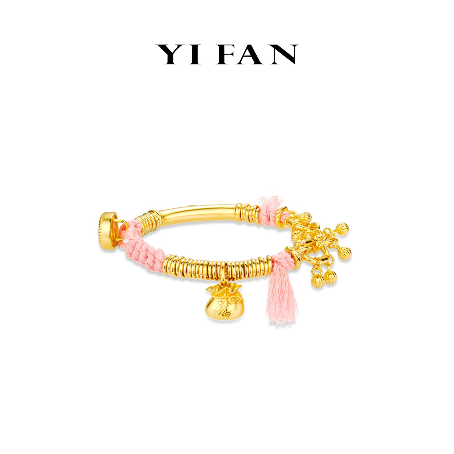 Limited High Jewelry collection: Luxury Carved "Fruitful Golden Treasures" unique Bracelet with Hand-woven Cherry-blossom-Pink Rope