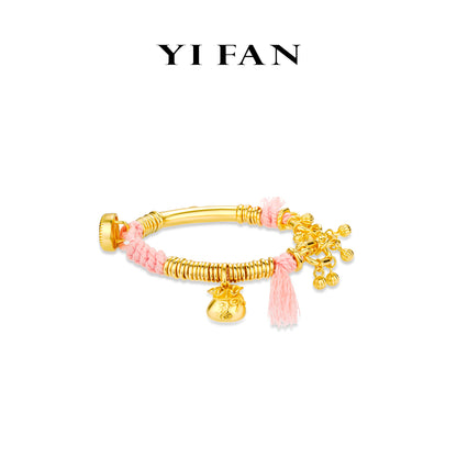 Limited High Jewelry collection: Luxury Carved "Fruitful Golden Treasures" unique Bracelet with Hand-woven Cherry-blossom-Pink Rope