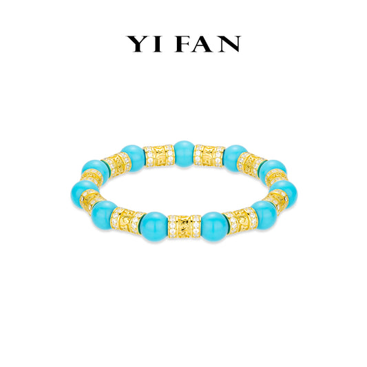 High Jewelry collection: Modern "Golden Vajra-Pestle Azure Turquoise Beads" detailed elastic Bracelet