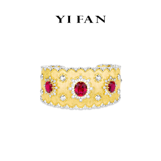 High Jewelry Ruby color collection: Vintage Glamour "Brushed Floral Crimson" detailed Banquet wide Cuff