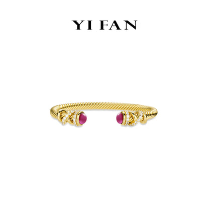 Ruby color collection: Modern "Wine drops on Golden Twisted Wire" unique open Bangle/Bracelet