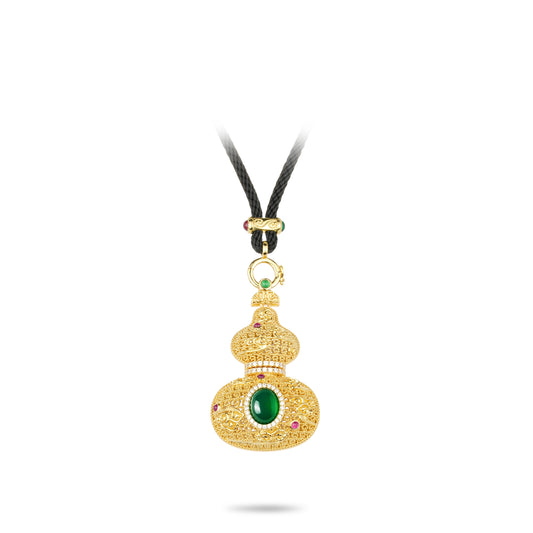 Pre-order High Jewelry collection: "Golden Satin Rotating Pendant Necklace with Lavish Gem Gourd Bottle" center featuring a green jade stone