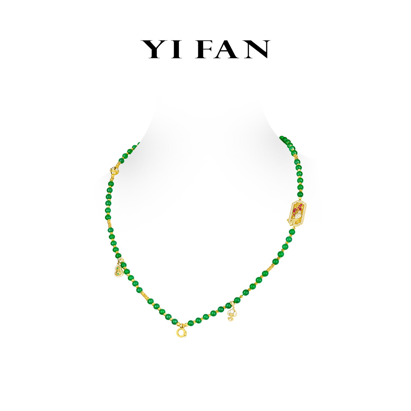 Pre-order High Jewelry collection: Multi-purpose "Golden Magpie treasures with Green jade beads" detailed Long Necklace