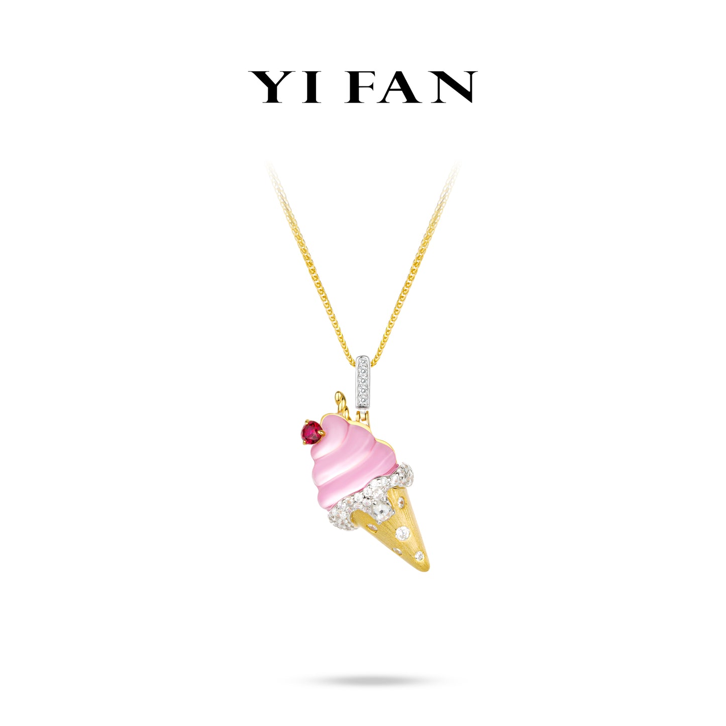 Ruby color collection: Modern "Pink & Red Golden Ice Cream Cone" unique 3D Pendant/Necklace