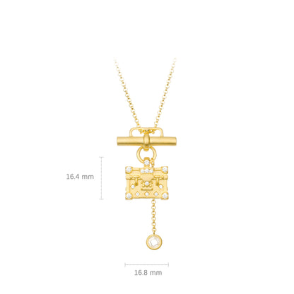 Golden time collection: Luxury "Dazzling Brushed Treasure Coffer" detailed Pendant Necklace (2 side to wear)