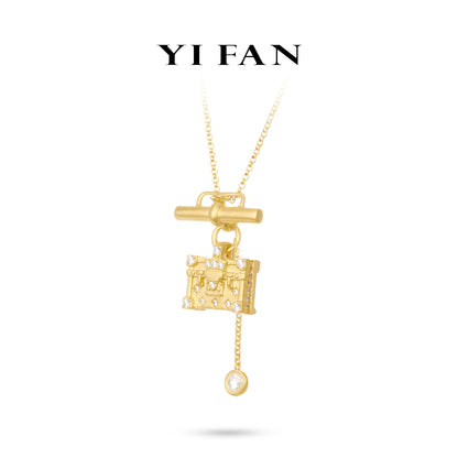 Golden time collection: Luxury "Dazzling Brushed Treasure Coffer" detailed Pendant Necklace (2 side to wear)