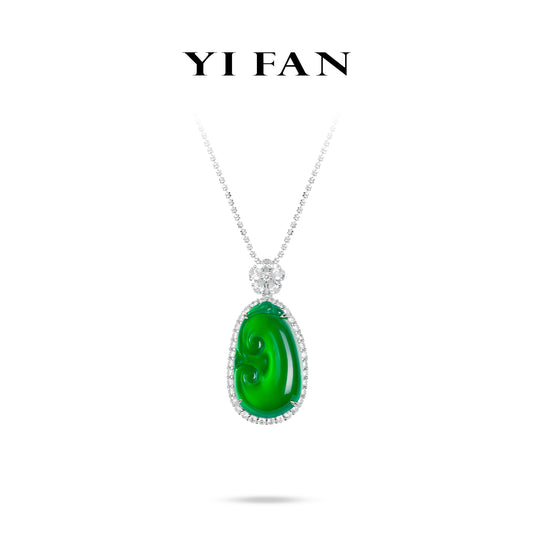 Green jade collection: Modern Hand-carved "Lucky Ruyi"  detailed Pendant Necklace (Unisex)