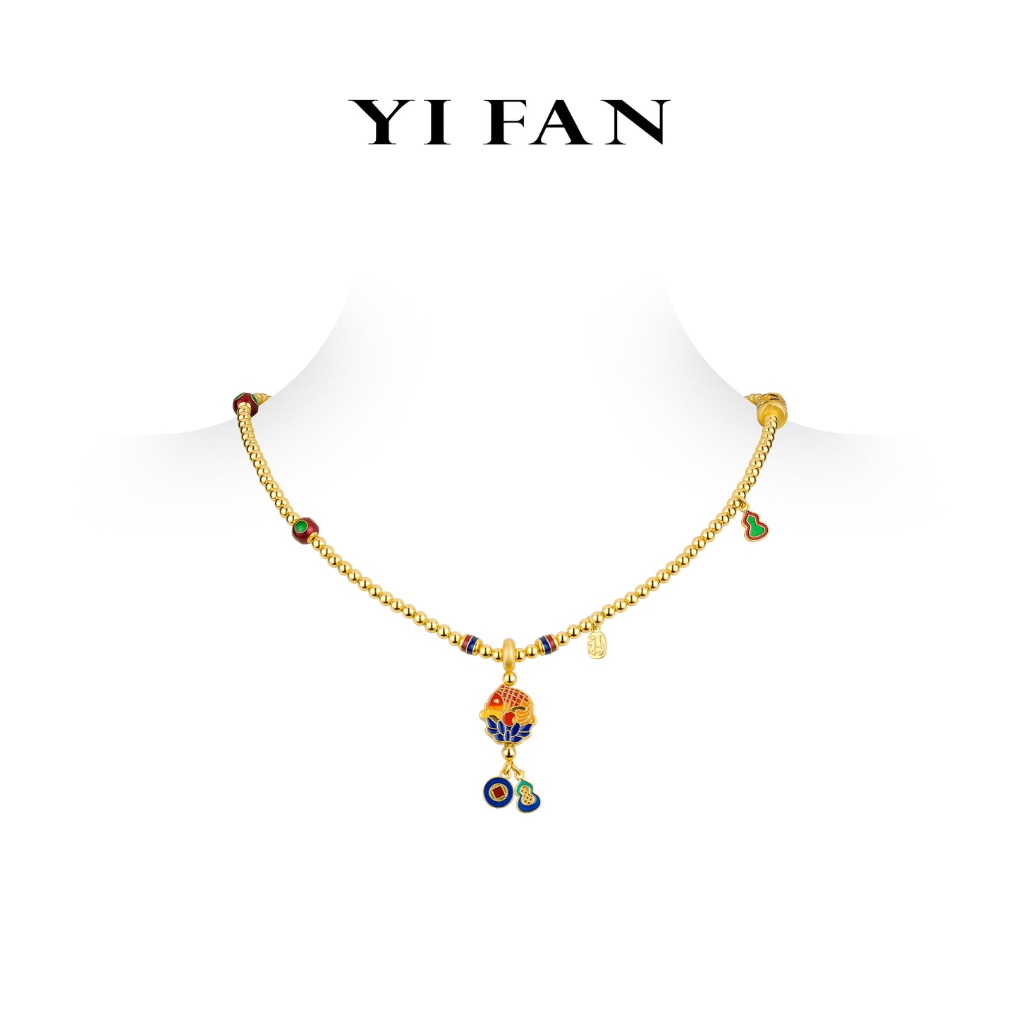 Animal collection: Luxury Multi-purpose "Lucky Koi Carp with Treasures & Golden Beads" detailed Ming fire enamel Necklace/Bracelet